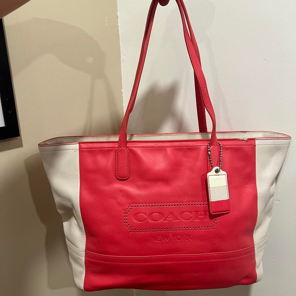 Y2K 2000s Coach Coral & Cream Centered Logo Gallery Tote Shoulder Bag / Handbag